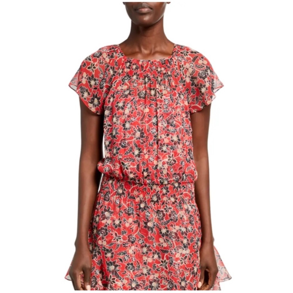 Parker Red Black Silk Floral V Neck Dress Mini Smocked Waist Ruffled Mini Dress - Picture 4 of 15